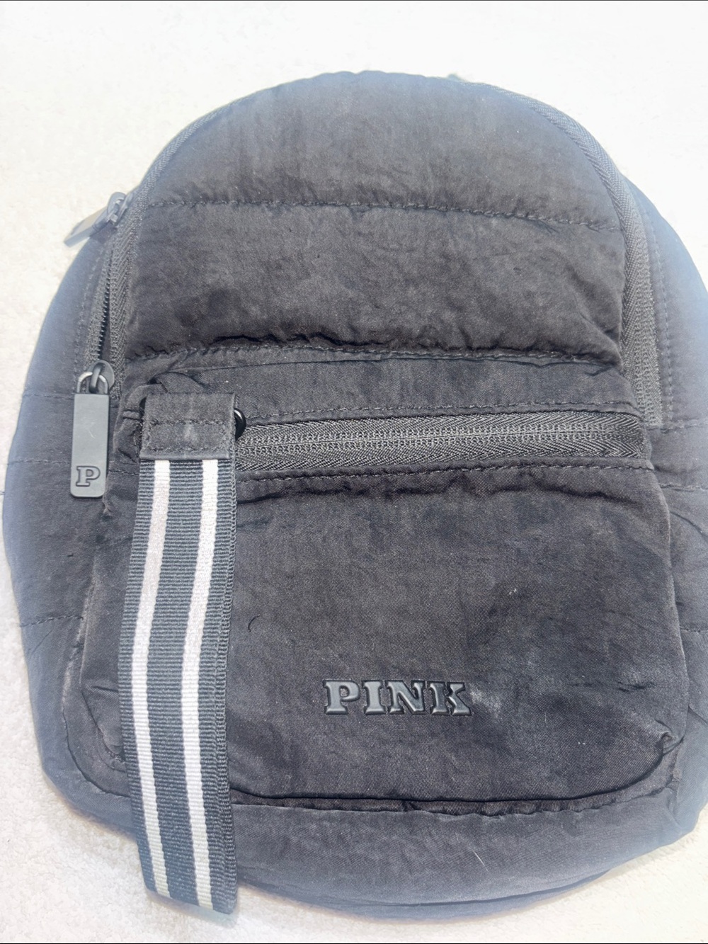 PINK Victoria's Secret Black Quilted Mini Backpack with Striped Loop